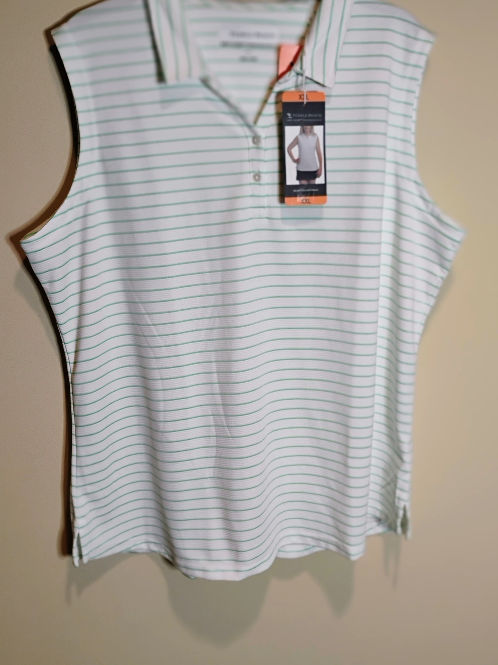 Pebble Beach Women's Sleeveless Polo Shirt White/Green Stripes XXL